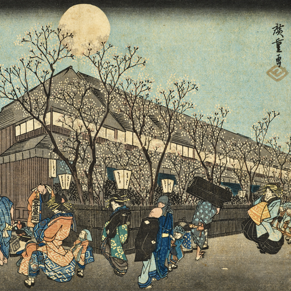 Image of ""Cherry Blossoms under the Moonlight in Nakano-chō, Yoshiwara" from the Series Famous Places of the Eastern Capital (detail), By Utagawa Hiroshige, Edo period, 19th century"