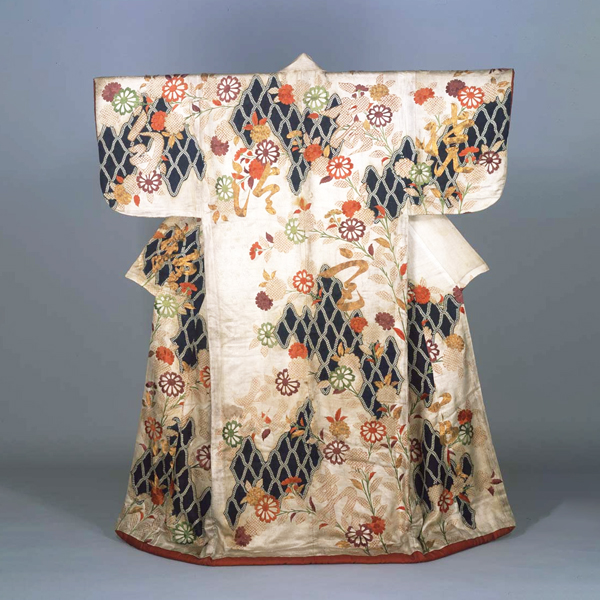 Image of "Kimono (Kosode) with Chrysanthemums, Fishing Nets, and Calligraphy, Edo period, 18th century"