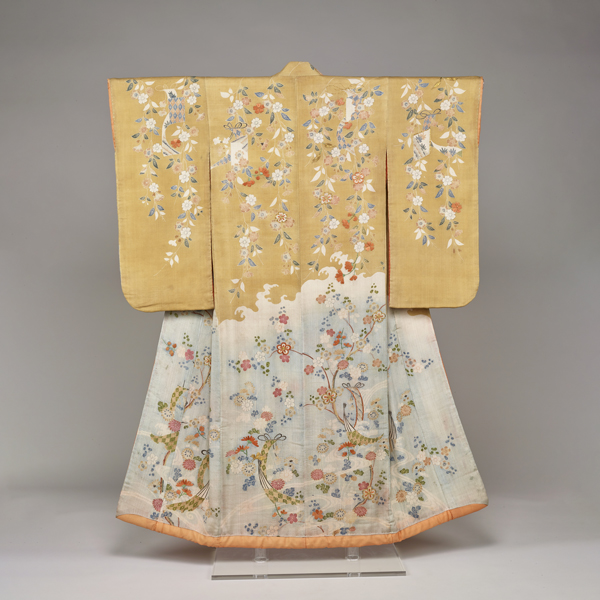 Image of "Long-Sleeved Kimono (Furisode) with Weeping Cherry Trees, Chrysanthemums, and Paper Strips, Edo period, 18th century"