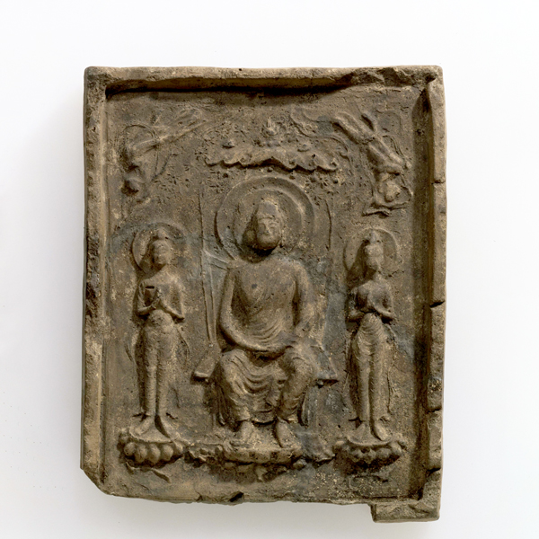 Image of "Clay Relief Tile with a Buddha TriadFound at Minami-Hokkeji Temple, Nara, Asuka period, 7th century (Important Cultural Property)"