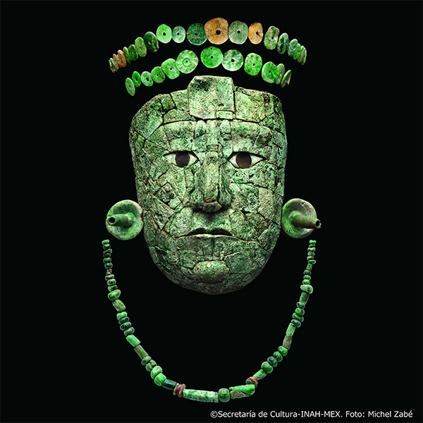 Image of "Mask, Diadem, and Necklace of the Red Queen, Maya late 7th century; found at Temple 13, Palenque; Palenque Site Museum, Alberto Ruz Lhuillier"