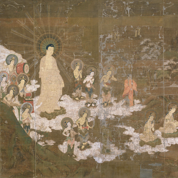 Image of "The Descent of the Buddha Amida with Divine Attendants (detail), Kamakura period, 14th century  (On exhibit from October 31, 2023)"