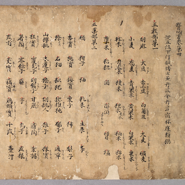 Image of "Volume 30, "Notes on Food" from Heart of Medicine (Ishinpō) (detail), Compiled by Tanba no Yasuyori, Heian period, 12th century (National Treasure, On exhibit from May 14, 2024)"