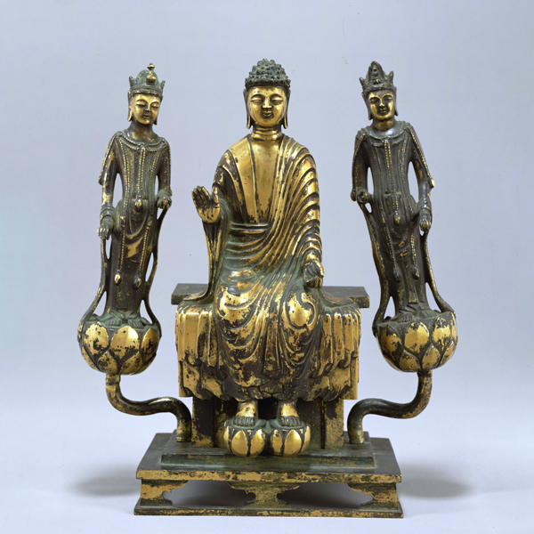 Image of "The Buddha Amida and Two Attendants, Asuka period, 7th century (Important Cultural Property)"