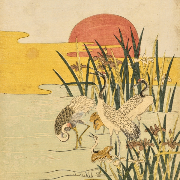 Image of "Cranes and Irises at Sunrise (detail), By Isoda Koryūsai, Edo period, 18th century"