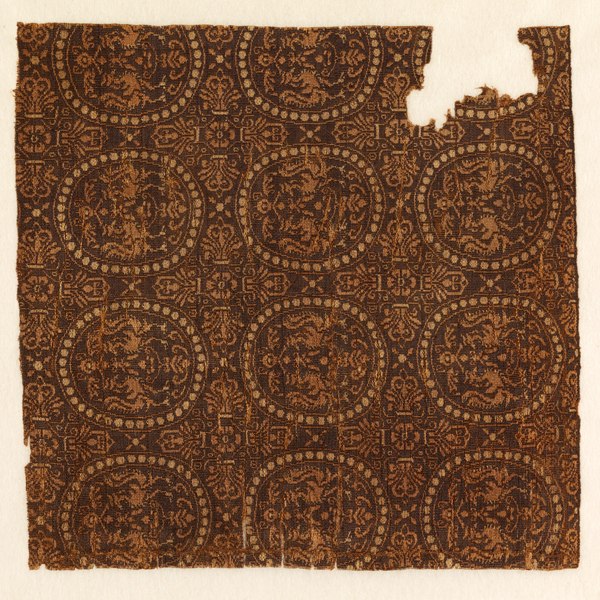 Image of "Brocade with Paired Phoenixes and Bead RoundelsAsuka–Nara period, 7th–8th century"
