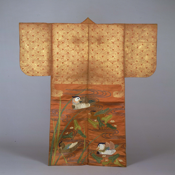 Image of "Noh Costume (Nuihaku) with Stylized Waves, Mandarin Ducks, and Water Lilies, Edo period, 18th century"